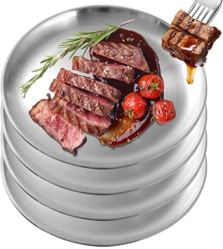 WANDGU 4 stycken Ø 23 cm rostfria plattor: Camping tallrik, rund porslin, biffbricka, sallad metall-mattallrik, pasta rund tallrik, dekorativ tallrik för camping, kök, fest, picknick