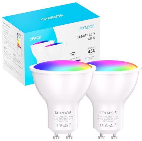 UPXNBOR GU10 Smart Bulb, Alexa Light Bulb, Smart Spotlight Bulb 4.5W, 16 Million Colours, Dimmable RGB, Works with Alexa & Google Assistant, Schedule & Timer, Energy Saving, 2.4GHz Only, 2 Pack