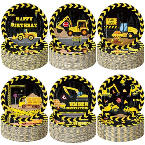 Funnymoom 60 Pcs Construction Birthday Party Decor 7 Inch Construction Cake Dessert Paper Plates Dump Truck Digger Vehicle Excavator Disposable Black and Yellow Tableware for Boys Baby Shower Supplies
