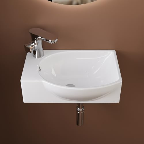 DeerValley Wall Mounted Cloakroom Basin with Overflow 40x28x14.5cm | Ceramic Cloakroom Wash Basin, Built-in Tap Hole, Compact Design, Easy Clean, Bathroom Use
