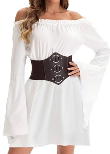 Womens Renaissance Tops Peasant Ruffle Smocked Waist Boho Pirate Shirt Blouse with Black Corset Waist Belt