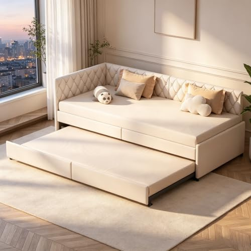 Sofá cama esquinero de 90 x 200 cm, sofá cama extensible, sofá plegable con somier, sofá cama con función de dormir, sofá cama extensible, cama de invitados, tela de terciopelo, beige (sin colchón)