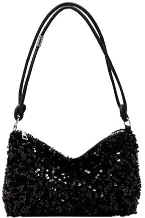 LOCCY Sequin Clutch Bag, Women's Clutches Sparkly Evening Handbag Y2K Shoulder Bag Bling Underarm Bag Clutch Purse with Zipper for Wedding Party Bridal Night Bag (Black-Medium)