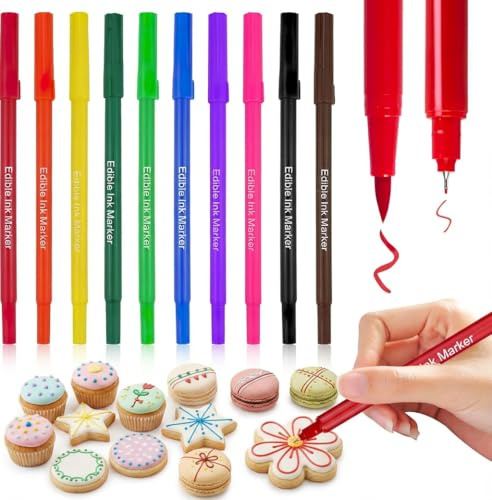 10PCS Food Coloring Pens, Colorful Edible Markers Fine and Thick Tip Foods Grade Gourmet Writers for DIY Fondant Cakes Cookies Frosting Easter Eggs Chocolates Christmas Desserts Writing Icing Pens