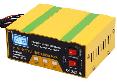Fockety Cargador de Batería para Automóvil, 12V 10A 24V 7.5A 180W Mantenedor de Batería Automático Inteligente, para Deportes de Potencia, Botes, Cortacésped, Motocicletas y Marinos (Enchufe de la UE)