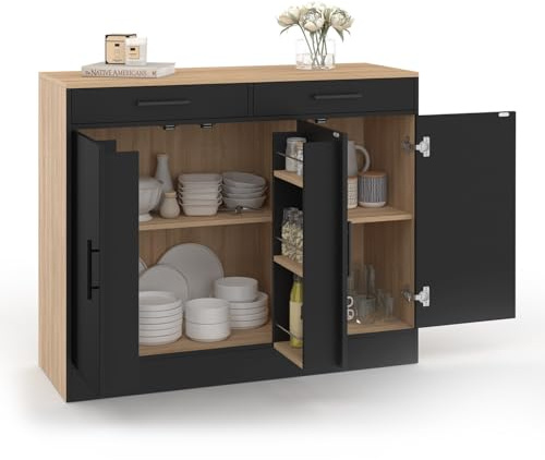 IDMarket - Buffet de cocina bajo de 110 cm de alto con estantes en imitación de madera de haya y negro