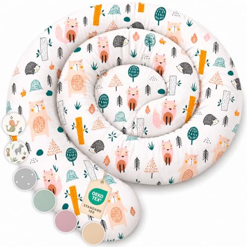 Lovely Hippo sidosovkudde av 100 % bomull – sängorm kroppskudde, lång kudde, sängrulle, kudde (skogsdjur, 150 cm)