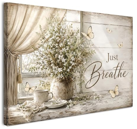 Galmcook Pictures for Walls with Frame 30x40 cm, Just Breathe Floral Quote Wall Art, Rustic Butterfly Canvas Prints for Bedroom Living Room Home Office, with Hook-and-Loop Pads and Hanging Hook