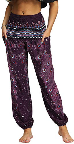 Nuofengkudu Ladies Hippie Baggy Harem Trousers Smocked High Waist Soft Boho Print Colourful Yoga Pants with Pockets Lightweight Flowy Travel Holiday Beachwear (Dark Purple A,One Size)