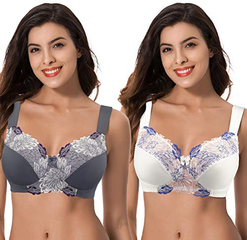 Curve Muse Talla Grande para Mujer,minimizador,inalámbrico,Sujetador sin Forro con Encaje Bordado-Paquete de 2-Suero De La Leche,Gris-105C
