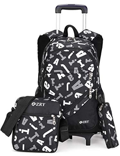 Trolley Rucksack Schulrucksack mit Rädern Schultasche mit Umhängetasche Federbeutel 4-teiliges Set für Kinder/Teens/Erwachsene - Buchstabe Schwarz 6 Räder