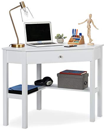 Relaxdays Eckschreibtisch, Ablage & Schublade, platzsparend, Büro, Arbeitszimmer, Landhausstil, HBT: 76x107x72 cm, weiß