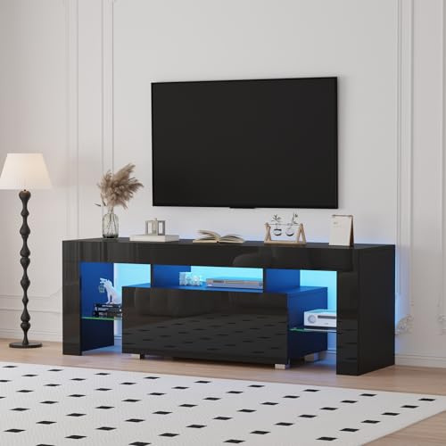 TV Cabinet, TV Unit Stand with LED Lights, Modern High Gloss TV Table Stand, Living Room Entertainment Center with 1 Drawer for 32-65 inch, 130cm Media Center with Storage (Black)
