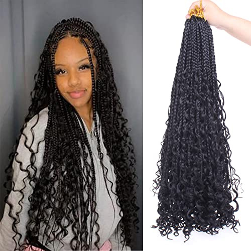 Xtrend 24 Zoll 8 Packungen Boho Box Braids Häkelhaar mit lockigem Haar 15 Strähnen/Packung Pre Looped Long Black Messy Goddess Box Braids Haarverlängerungen für schwarze Frauen