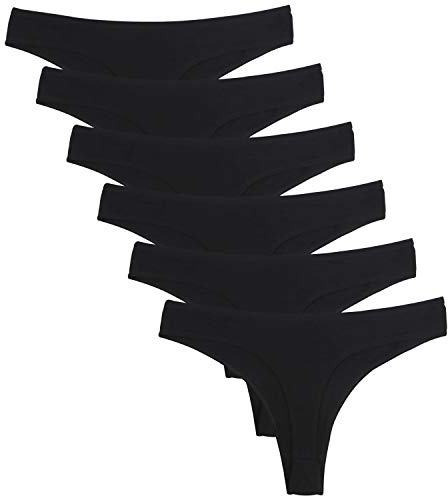 DRESHOW 6 Piezas Thong Tanga para Mujer Tiras de Algodón Transpirable para La Ropa Interior Negro Tanga de Rayas de Colores
