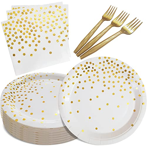 WXLDGHQ White and Gold Paper Plates Napkins Party Supplies,Disposable Gold Dot Paper Dessert Plates,105 PCS Birthday Plates and Napkins Party Supplies for Wedding(Serves 35 Guests 7)