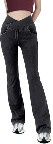 LaiEr Women V Crossover High Waist Tummy Control Casual Fitness Skinny Yoga Pants, Faux Denim Print Women's Bootcut Yoga Pants, Flared Fitness Trousers with Side Pockets(Dark GreyM)