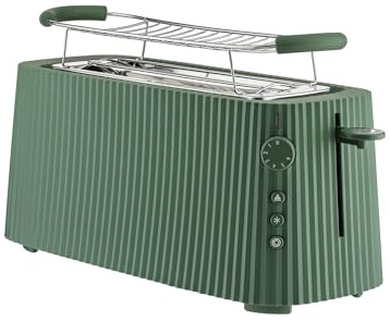 Alessi Plissé MDL15 GR - Langer Doppelfach-Toaster, aus Thermoplastischem Harz, Brötchenaufsatz aus Edelstahl 18/10 und Thermoplastischem Harz, Europäischer Stecker 1700 W, Grün