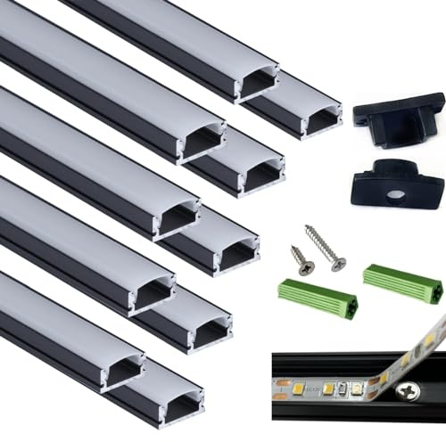THMOOTHER 10-Pack 3.28FT Pre-Drilled Countersunk Hole LED Strip U Channel Diffuser, Matte Black Flush Mounted Under Cabinet Tape Light Aluminum Low Profile with Milky Cover (10, 3.28FT)