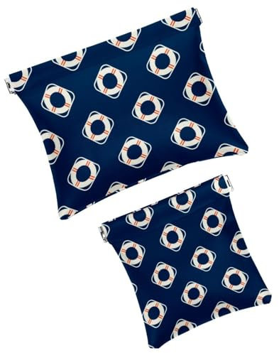 Pocket Cosmetic Bag Squeeze Top, Nautical Travel Lifebuoy Blue Waterproof Travel Makeup Bag for Purse, Portable Mini Makeup Pouch No Zipper for Women