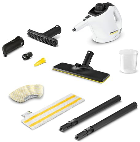 Kärcher Dampfreiniger SC 1, Dampfdruck: 3 bar, Aufheizzeit: 3 min., Leistung: 1.200 W, Flächenleistung: 20 m², Tank: 200 ml, mit Hand-, Punktstrahl- und Powerdüse, Mikrofaser-Überzug, mit Dampfglätter