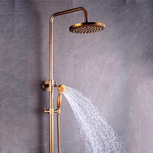 Juego de ducha de cobre antiguo, redondo, montaje en pared, sistema de ducha con grifo de bañera y alcacho/ducha de lluvia y ducha de mano, barra de ducha ajustable, bronce retro