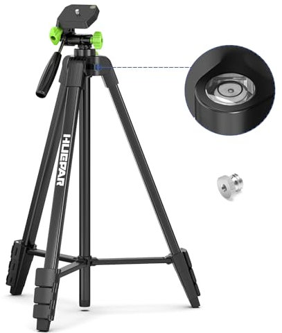 Huepar 60-Inch Portable Lightweight Adjustable Laser Level Tripod with 3-Way Swivel Pan Head, 2 Bubble Levels, 1/4 and 5/8 Thread Mount for Varieties Tools, Only for Indoor Basic Work