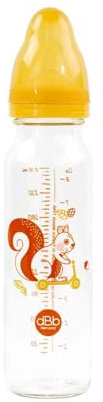 dBb Remond - Biberon Régul'Air Verre - Tétine NN Anticolique Silicone Débit Régulier - Nouveau-né 0-4 Mois - Décor Ecureuil - Résistant Chaleur – Fabrication Française - Jaune Moutarde - 240 ml