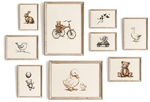 Hambient Lot de 9 Affiches Vintage Sans Cadre – Posters Animaux pour Chambre Bébé – Décoration Murale Enfant Beige – Idée Cadeau Naissance