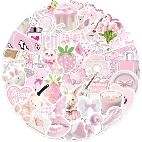 50PCS Kawaii Pink Aesthetic Stickers for Luggage,Bumper,Helmet,Computer,Notebook,Laptop,Water Bottle,Skateboard,Cute Animal Waterproof Vinyl Sticker,Teens Adults Girls Decal,Cartoon Graffiti Decals