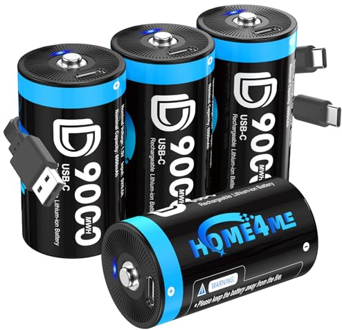 Home4me Rechargeable D Batteries 4 Pack, 9000mWh Rechargeable Lithium D Battery, 1.5V D Cell Batteries with 2-in-1 USB-C Charging Cable, Size D Battery for Toys, Water Heater, Gas Stove and More