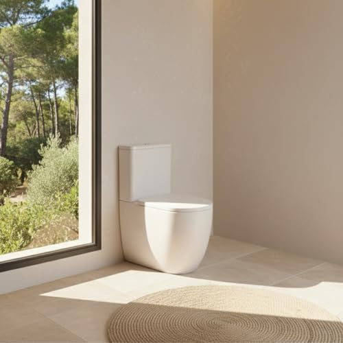 SOULHOME Pack Inodoro Completo Rimless Curvo Blanco Brillo | Tapa Amortiguada | Salida Horizontal/Vertical | Doble Descarga Eco | Pulsador Cromo