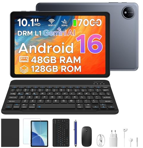 P10 Tablet Android 16, Tablet 10 Pulgadas 48GB RAM+128GB ROM/2TB TF, Tableta con Teclado y Lapiz, 90Hz Screen, 7000mAh, Gemini AI, 5G WiFi, Face ID, 5W OTG, OTG, GPS, 3.5mm, Widevine L1, Gris