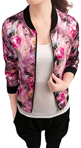 Allegra K Women's Mothers Day Costumes Stand Collar Lightweight Zip Up Floral Bomber Jacket Fuchsia M