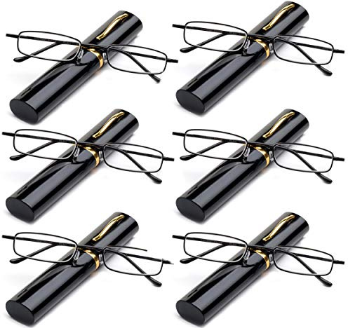 Newbee Fashion Reading Glasses 6 Packs Pocket Readers Ultra Compact Spring Portable Pocket Aluminum Tube Black +2.00