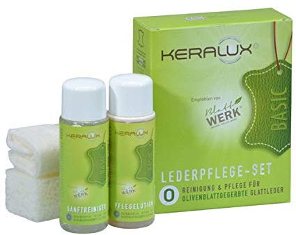 KERALUX Lederpflege Set für Olivenblatt Gegerbte Leder | 100 ml Sanftreiniger O, 100 ml Pflegelotion O, Reinigungsschwamm, Pflegetuch