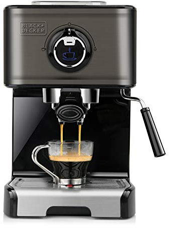 BLACK+DECKER BXCO1200E - Macchina per espresso, 15 bar, 1200W, riscaldamento rapido thermoblock, cappuccinatore, caffè macinato o in cialda, acciaio inossidabile, nero