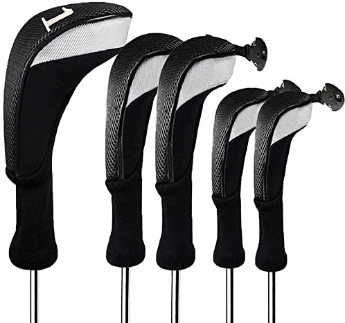 FINGER TEN Golf Club Head Covers for Woods Long Cover Driver Hybrid Fairway, Headcovers with Interchangeable No. Tag Novelty Durable Fit Woods Clubs (Black-5 pack (1 Driver& 2 Fairway&2 Hybrid))