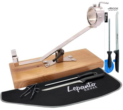 LepantoHouse Soporte Jamonero Future Basculante Giratorio Base Madera Color Nogal para Jamones y Paletillas + Cuchillo Arcos Niza + CHAIRA + Cubre Jamon + Pinza (Madera Nogal)