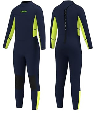 Goldfin Kids Wetsuit, Boys Girls Wet Suits Youth Toddler 3mm Neoprene Back Zip Keep Warm for Cold Water Swimming Diving Snorkeling Surfing Paddleboarding Full-Body Green Size 14