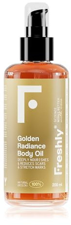 Freshly Cosmetics Golden Radiance - Olio corpo naturale rassodante e anti-smagliature, 200 ml