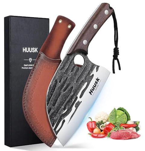 Huusk Upgraded Serbian Chef Knife-Japanese Meat Cleaver Knife for Meat Cutting Forged Butcher Knives with Sheath Full Tang Kitchen Chopping Knives for Home, Outdoor Camping, Gift for Men and Women