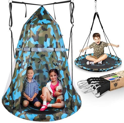 SereneLife 40 Kids Hanging Tent Swing, Outdoor Saucer Swing with Hang Kit and Swinging Swivel Spinner (Cammo)