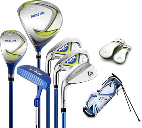 PGM Junior Golf Club, NSR Golf Clubs Complete Set Left Handed for Children Kids 3-5, 6 Pieces Youth Golf Clubs with Stand Bag and 2 Headcovers for Boys & Girls Blue