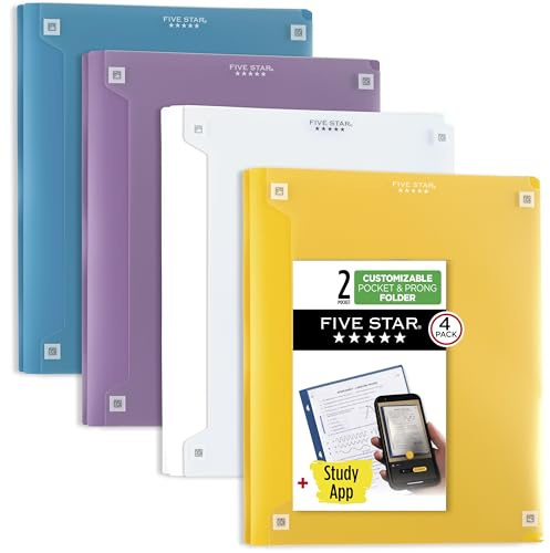 Five Star 2-Pocket Folder + Study App, 4 Pack, Plastic Folder with Prong Fasteners and Customizable Clear Cover, Holds 8-1/2 x 11 Paper, White, Purple, Yellow, Blue (340220B-ECM)