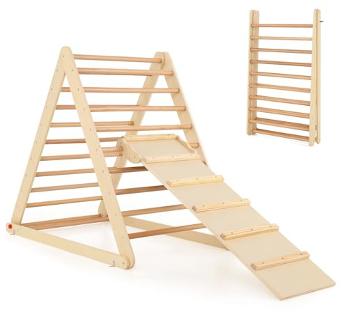 RELAX4LIFE Triangolo da Arrampicata con Scivolo per Bambini, Scala Pieghevole per Arrampicarsi in Legno, Triangolo Stabile, Giocatoli Montessori per Bambini 1+ Anni (Naturale)