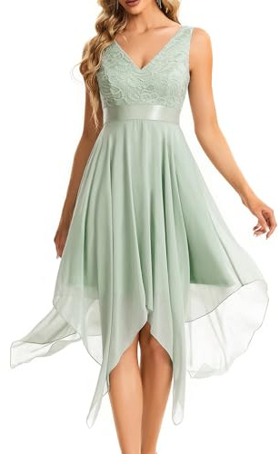 Ever-Pretty Robe de Cocktail Asymétrique au Genou Femme Double Col-V sans Manche en Dentelle Mousseline de Soie Vert Menthe 42