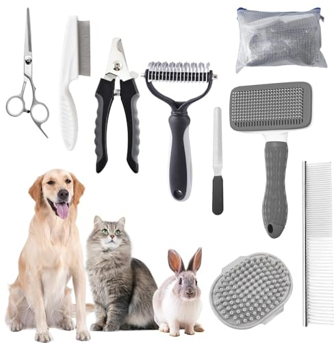 KUEIOX Dog Brush for Shedding,9 PCS in One Pet Slicker Hair Brush Kit with Pet Nail Clipper and File - Dog Cat Grooming Deshedding Undercoat Rake Brush Comb for All Small Large Dogs Cats Grey
