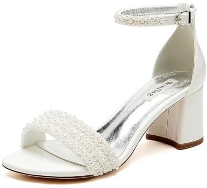 Winflag Low Block Heel Wedding Sandals Beaded Wedding Shoes for Bride Ankle Strap Bridal Heels-Ivory-6cm-9