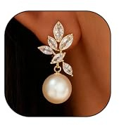 Pearl Earrings Bridal Pearl Drop Earrings White Gold Earring for Women with Cubic Zirconia Wedding Crystal Jewelry for Brides Bridesmaids Prom Party Jewelry Gifts